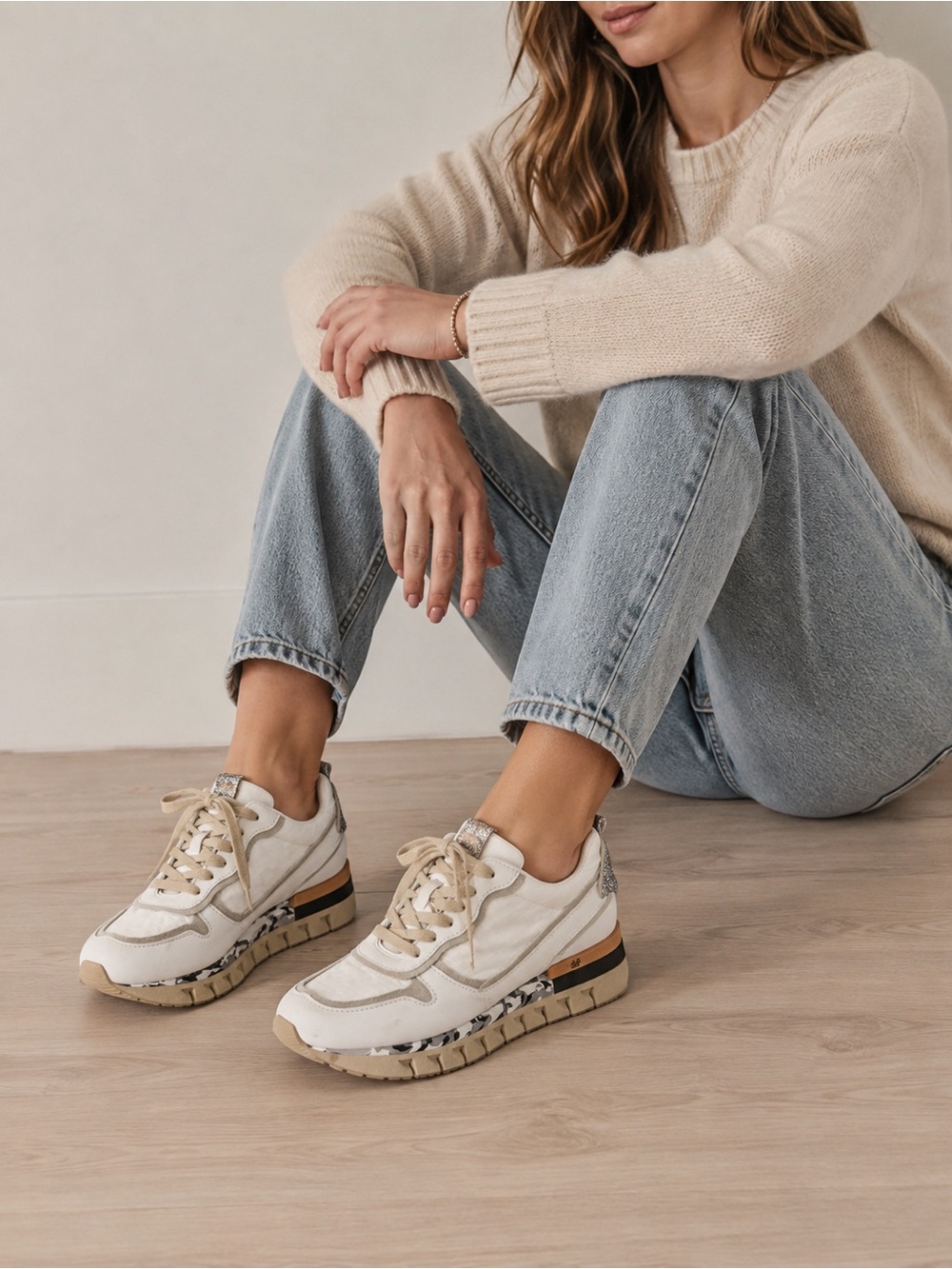 A.S.98 Women’s Leather Sneakers White Beige Silver Glitter Chunky